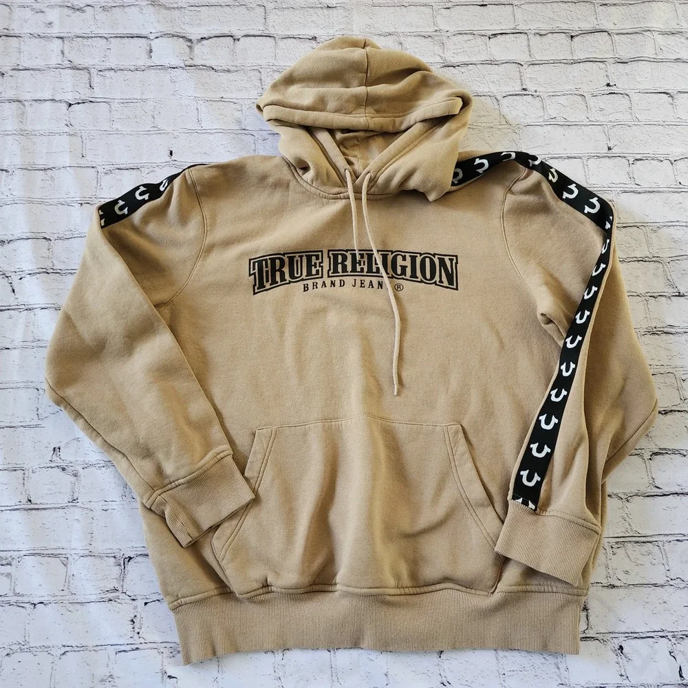 True Religion Men's XL Arch TR Taping Pull Hoodie Tan Beige Logo Tape 54937-00